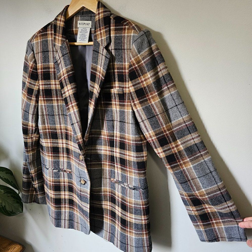 EUC VINTAGE WHITE STAG PLAID WOOL BLEND BLAZER JACKET SIZE 10 / M - Picture 3 of 15